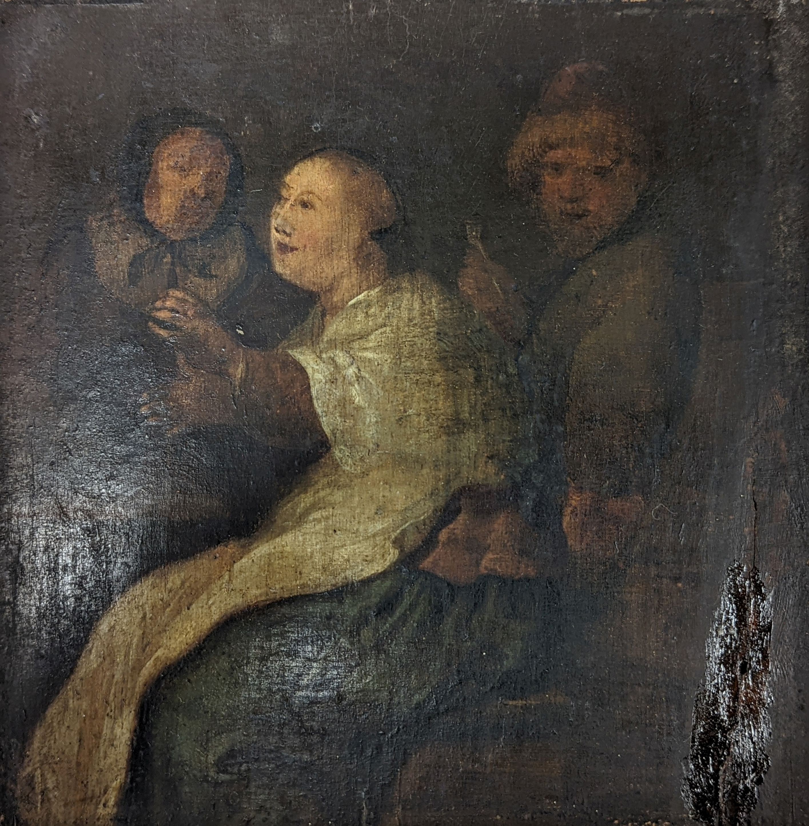 18th century English School, oil on panel, Interior with seated figures, 18.5 x 18cm, unframed